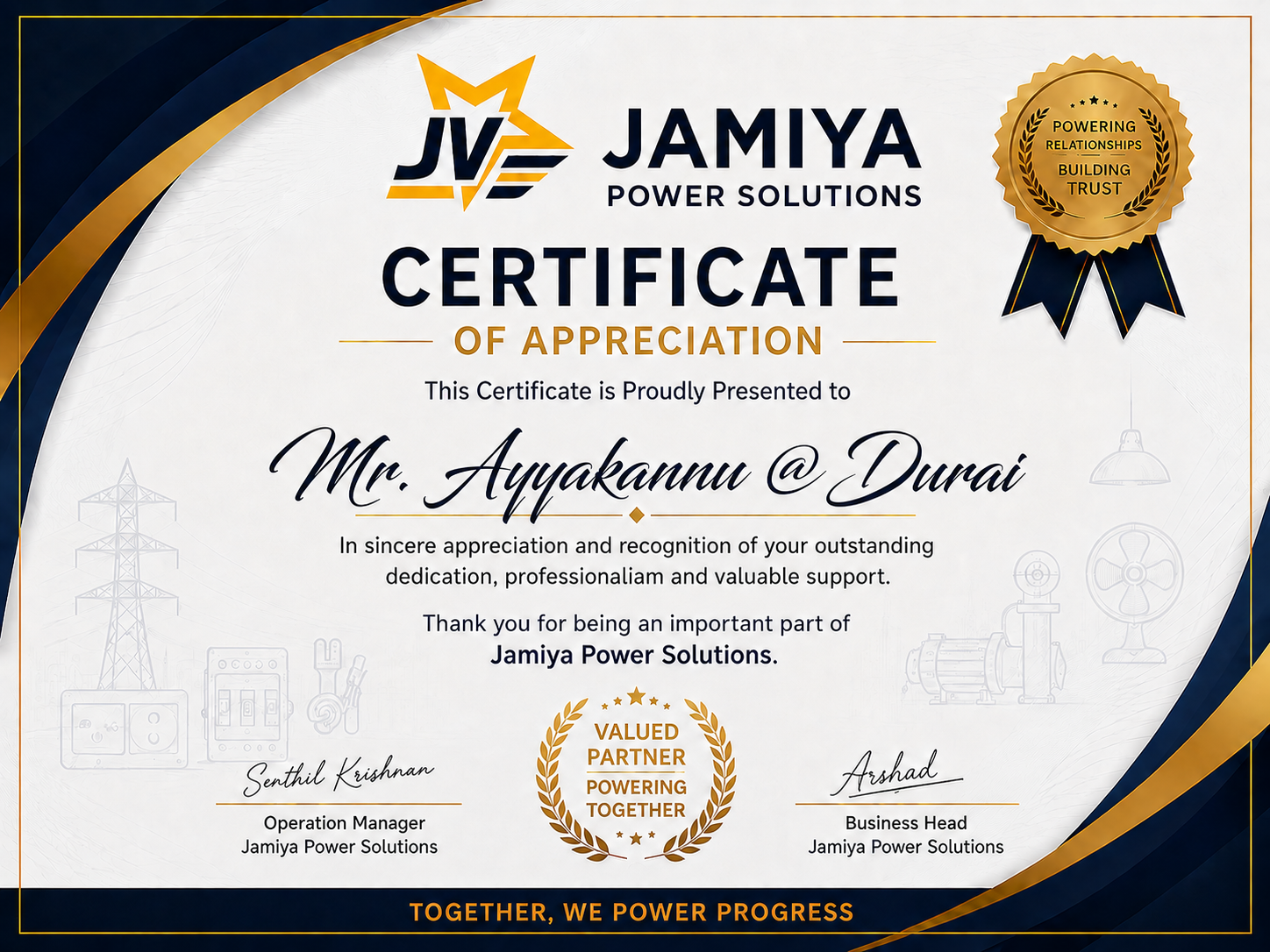 Certificate of Appreciation awarded to Durai - Ayyakannu