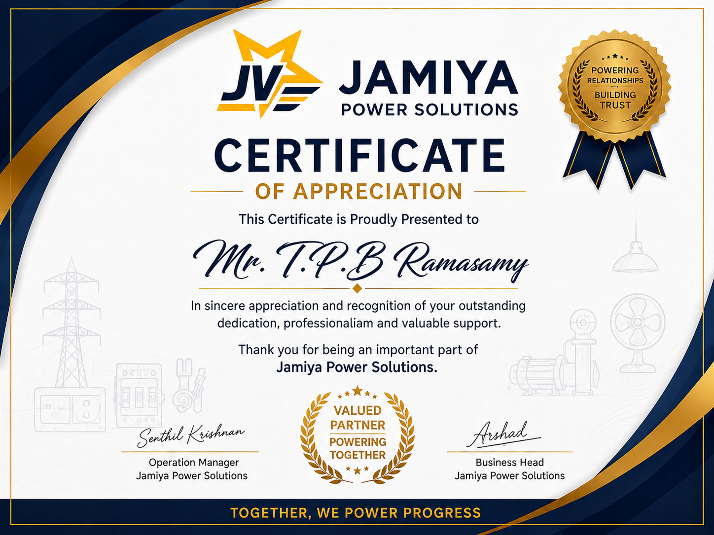 Certificate of Appreciation awarded to Ramasamy
